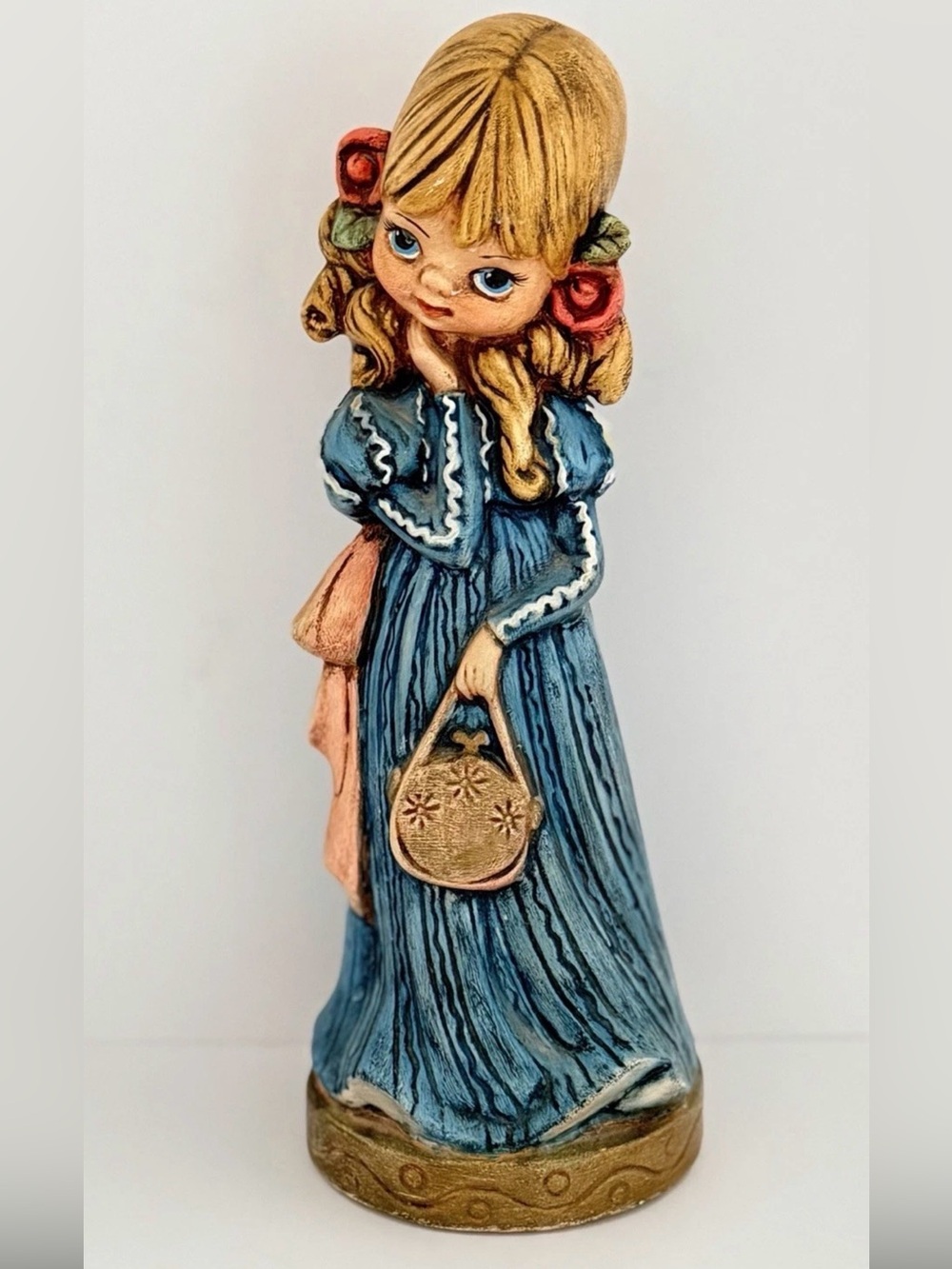 Vtg Ceramic Hand Painted Girl Holding Purse Blue Dress Figurine Signed Mary 1972